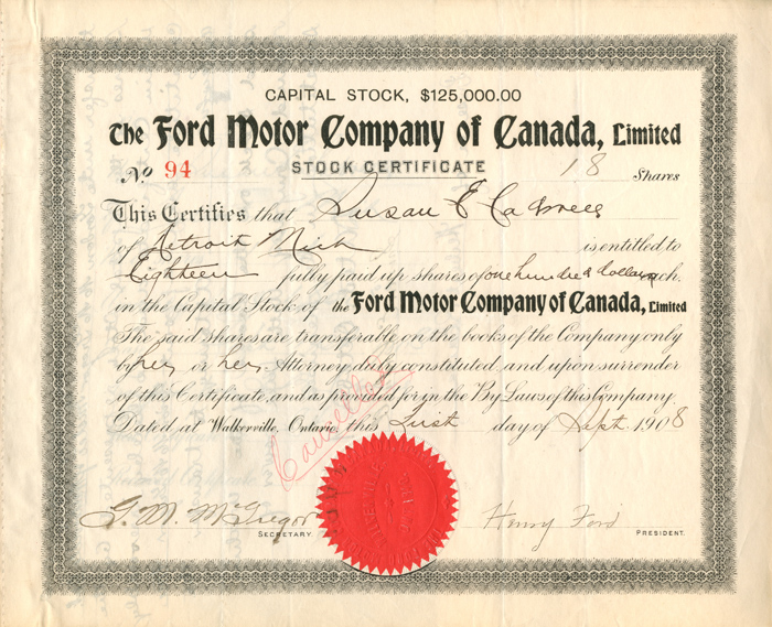 Ford Motor Co. of Canada, Limited signed by Henry Ford - Stock Certificate